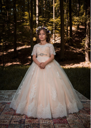 Short Sleeves Ivory Lace Tulle Long Flower Girl Dress With Beaded Sash